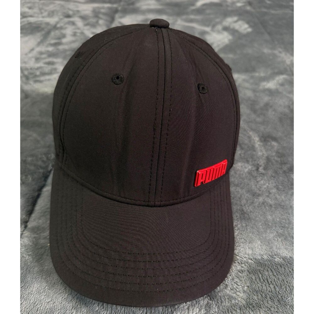 Puma Men’s Stretch Fit Baseball Cap Black Red Raised Rubber Logo Hat Size S/M